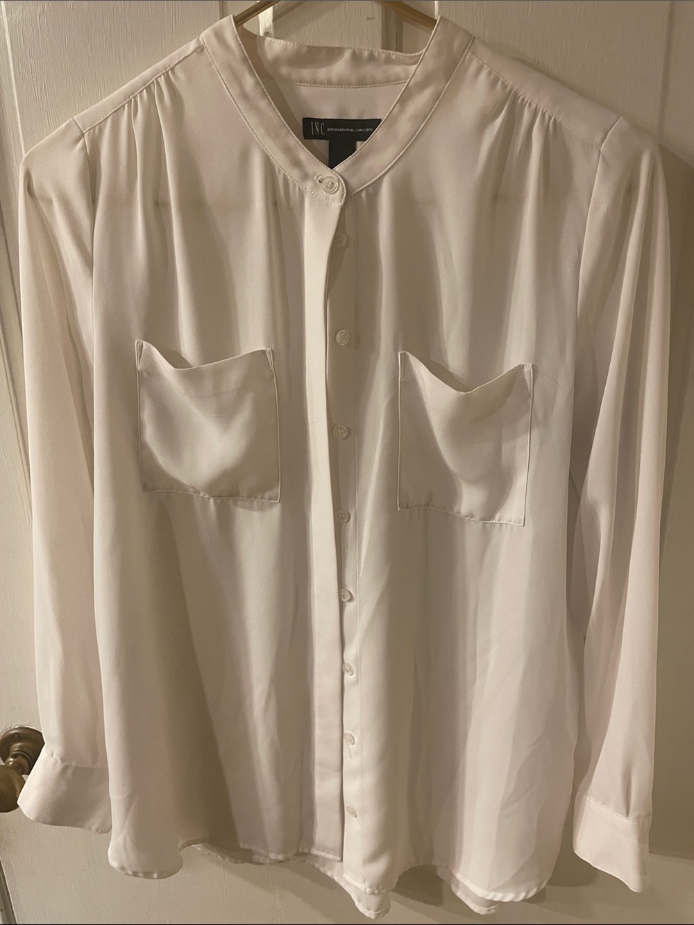 INC International Concepts Cream Band-Collar Button-Up Shirt with Chest Pockets
